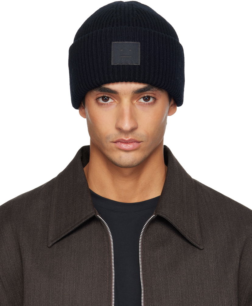 Шапка Acne Studios Ribbed Face Logo Beanie Тъмно синьо | C40425-