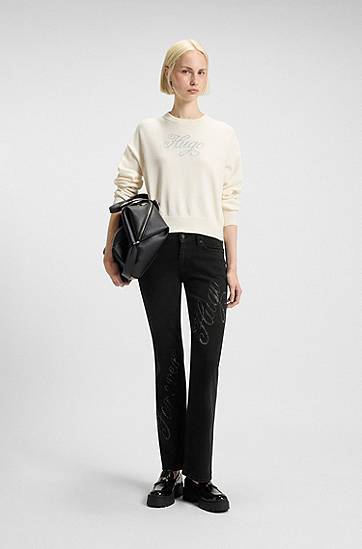 Дънки BOSS Slim-fit Denim Jeans with Rhinestone Slogan Черно | 50546333, 1