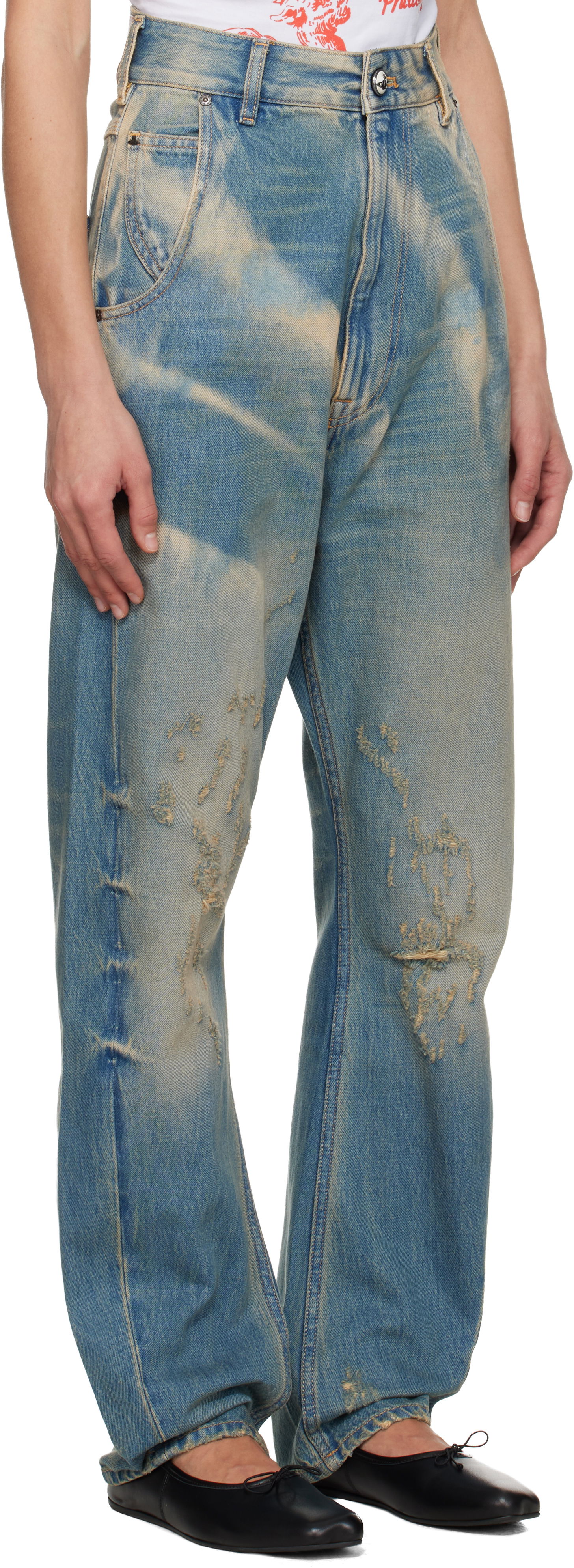 Дънки Vivienne Westwood Washed Distressed Buckle Back Jeans Синьо | 39020012-W018A-, 1