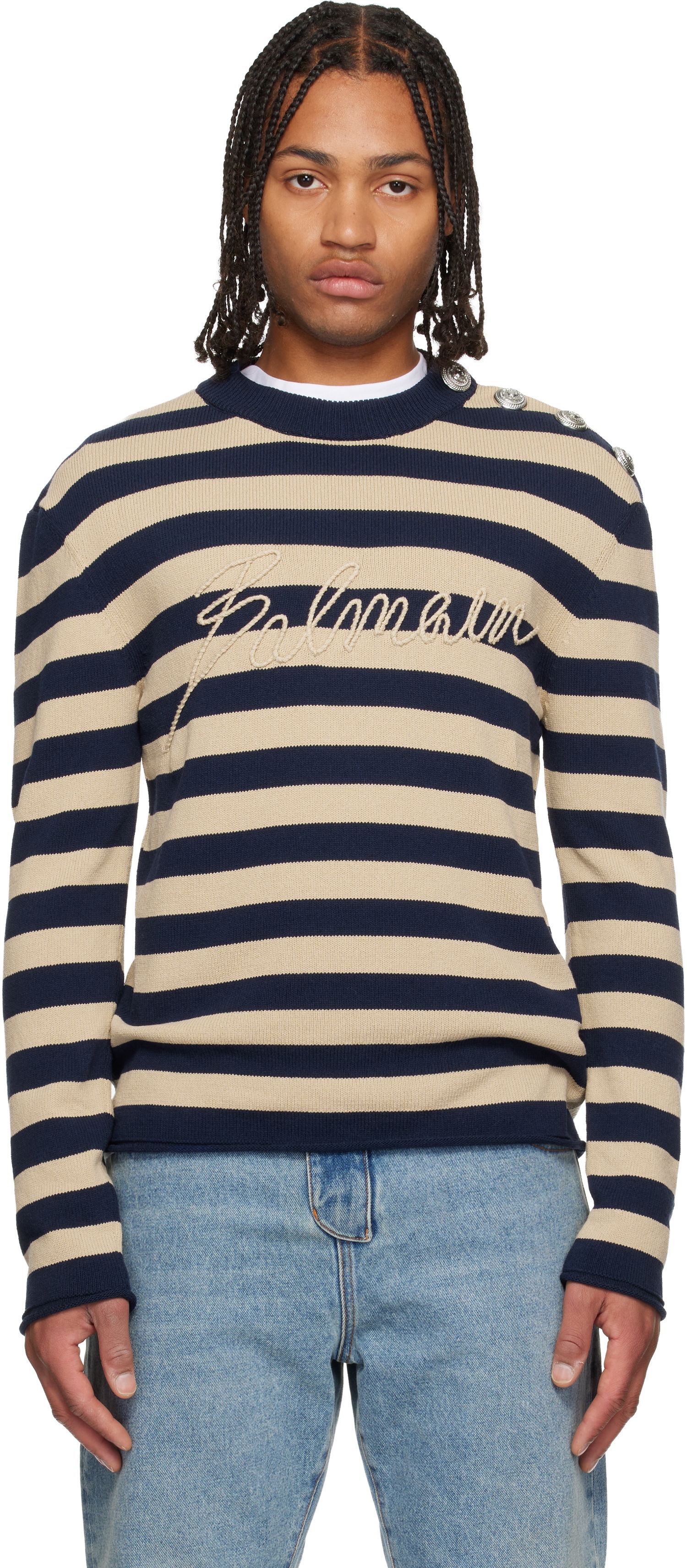Пуловер Balmain Balmain 'Balmain' Logo Striped Button-Shoulder Sweater Многоцветен | FH1KD165KI82, 0