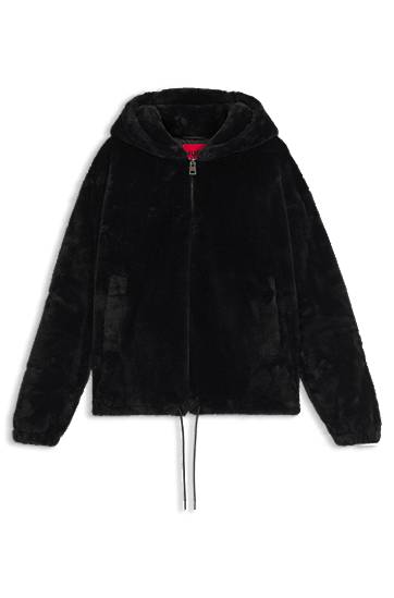 Faux-fur hooded jacket with embroidered logo