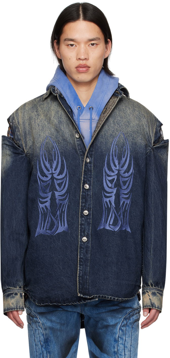 Риза Who Decides War Gradient Denim Shirt with Tribal Embroidery and Cut-Out Shoulders Синьо | 1110240010SS24, 0