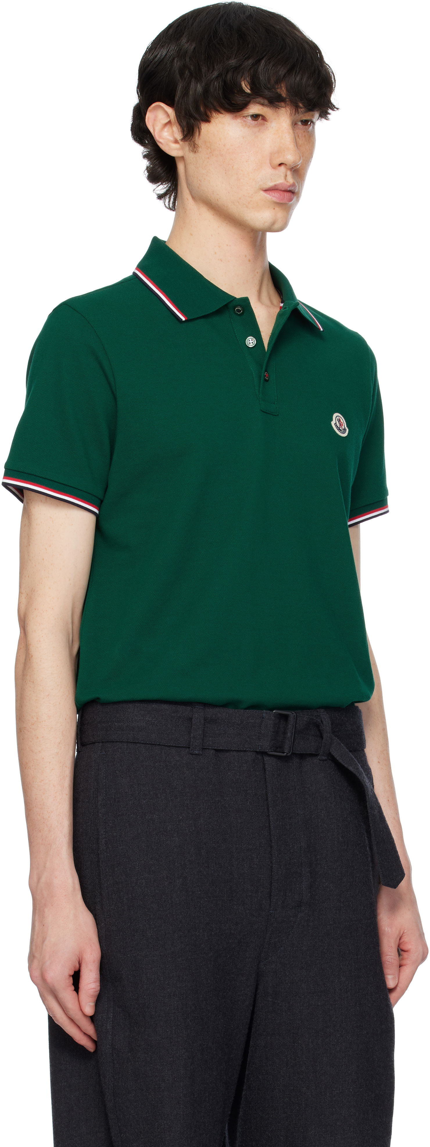 Поло тениска Moncler Moncler Cotton Piquet Polo Shirt with Tricolor Trim Зелено | K10918A7030084556, 1