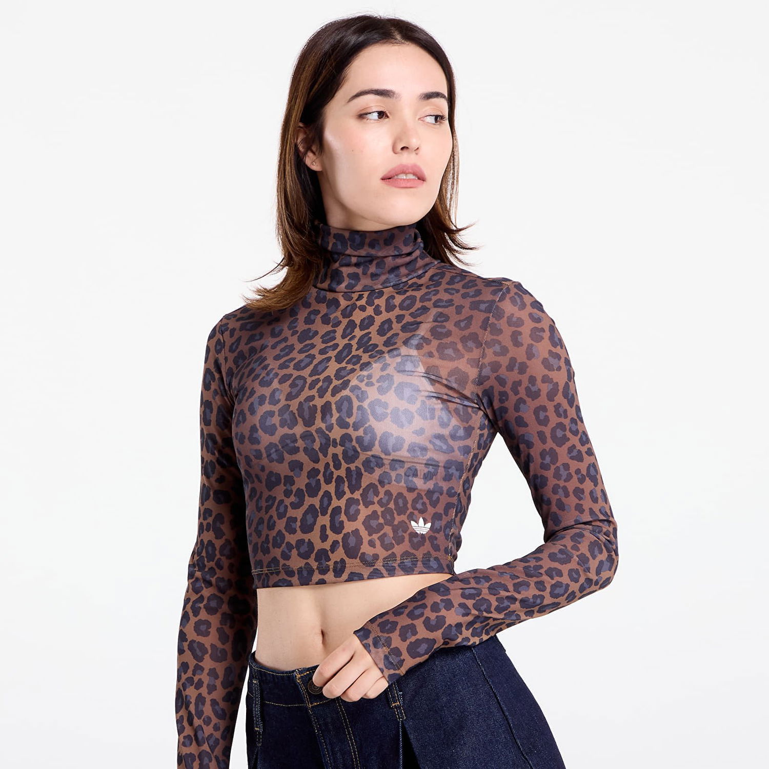 Съкратен топ adidas Performance Leopard Print Long Sleeve Crop Top Кафяво | JW2772, 1