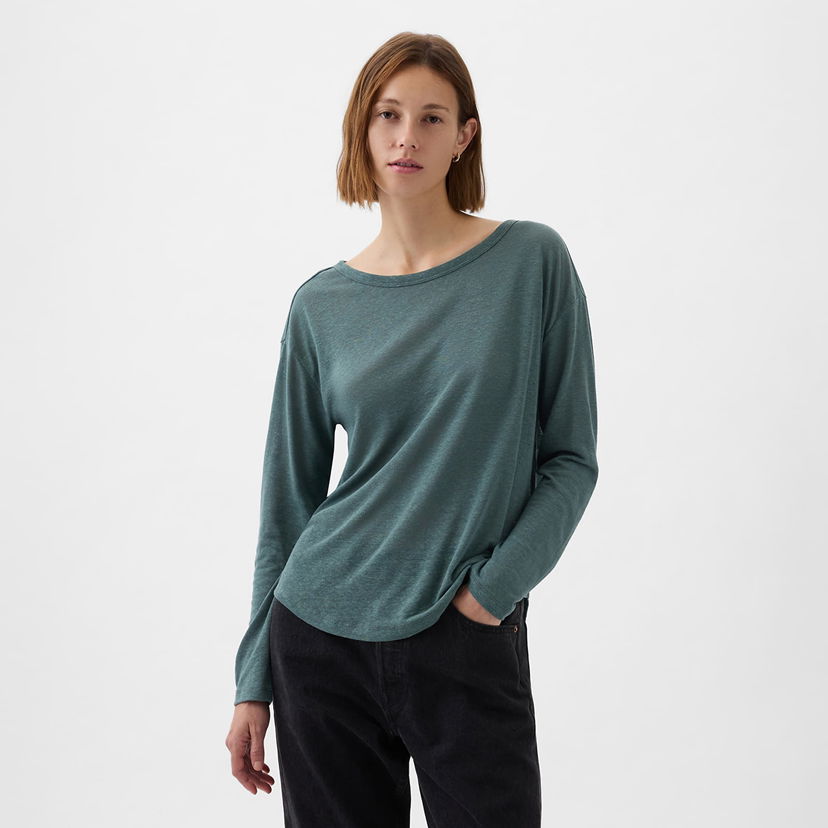 Тениска GAP Top Longsleeve Linen Blend Boatneck Top Laurel Wreath Зелено | 878218-04