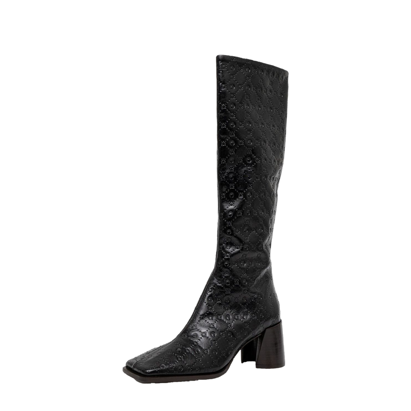 Кецове и обувки Marine Serre Moonogram Embossed Leather Ms Block High Heel Boots Черно | WFW038A.CLEA0051