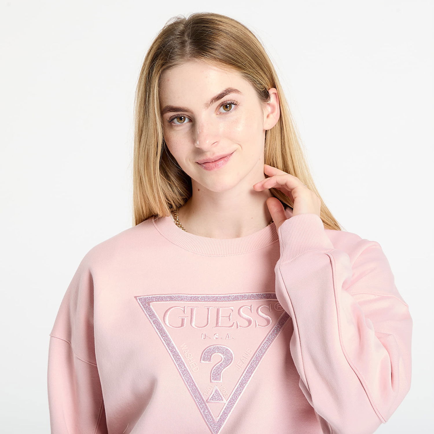 Суитчър GUESS GUESS Triangle Glitter Sweatshirt Розово | W5BQ11KC8I1-G66B, 1