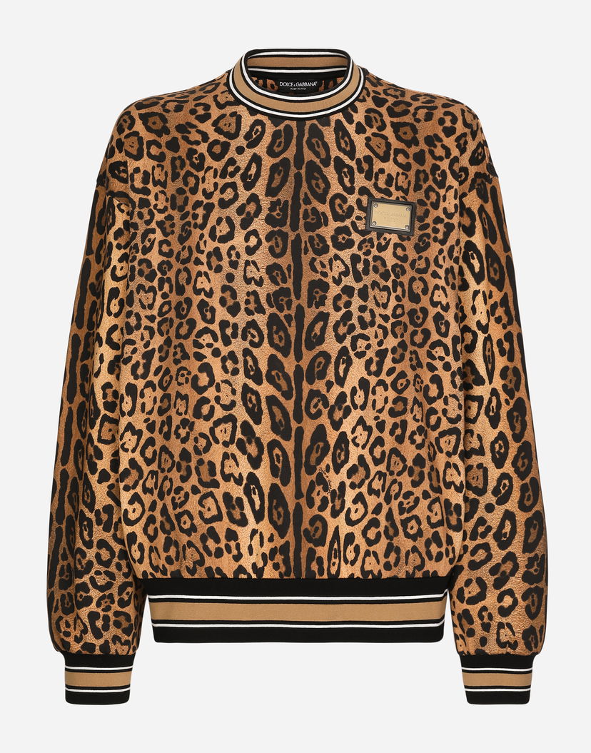 Суитчър Dolce & Gabbana Round-neck Sweatshirt With Leopard-print Crespo And Tag Кафяво | G9AHSTII7B4HXNBM