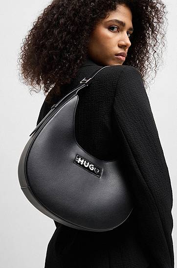 Чанта през рамо BOSS HUGO Faux-Leather Hobo Bag with Metallic Logo Черно | 50541808, 1