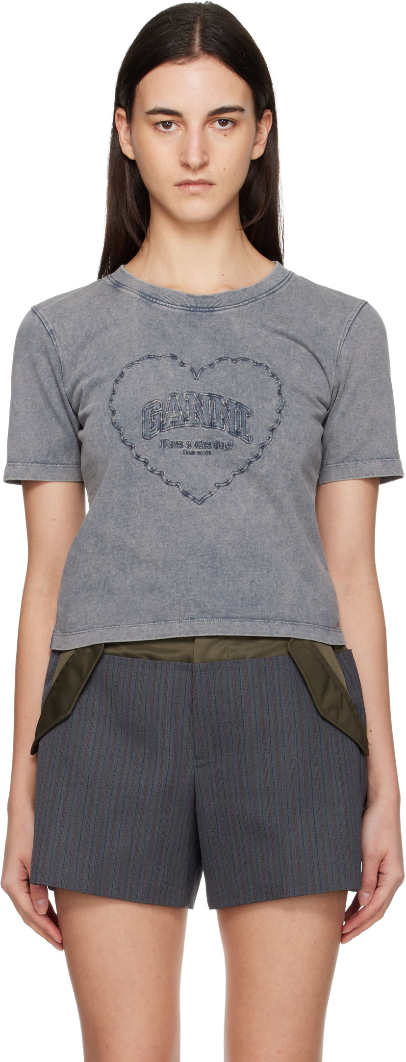 Съкратен топ GANNI Washed Heart Cropped T-shirt Сиво | T4254