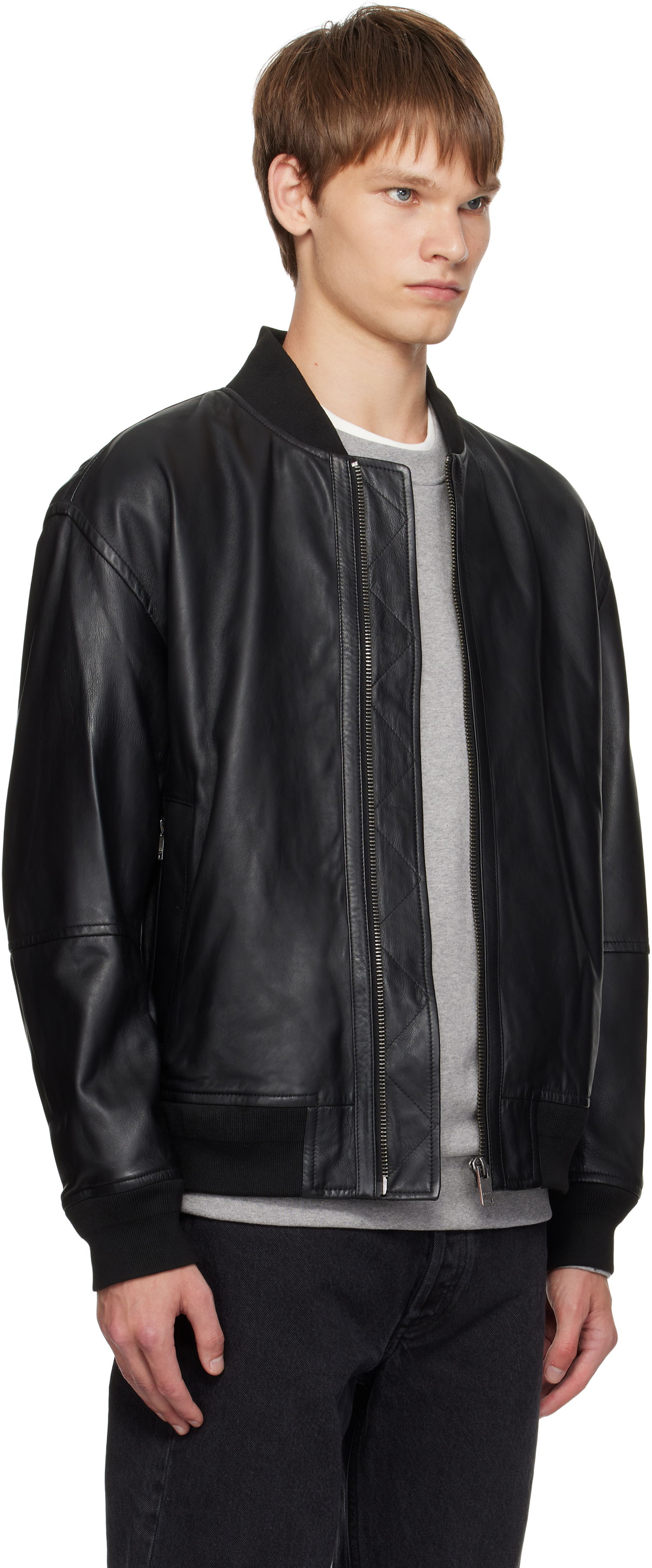 Яке бомбър BOSS Regular-Fit Textured Leather Bomber Jacket Черно | 50547545, 1