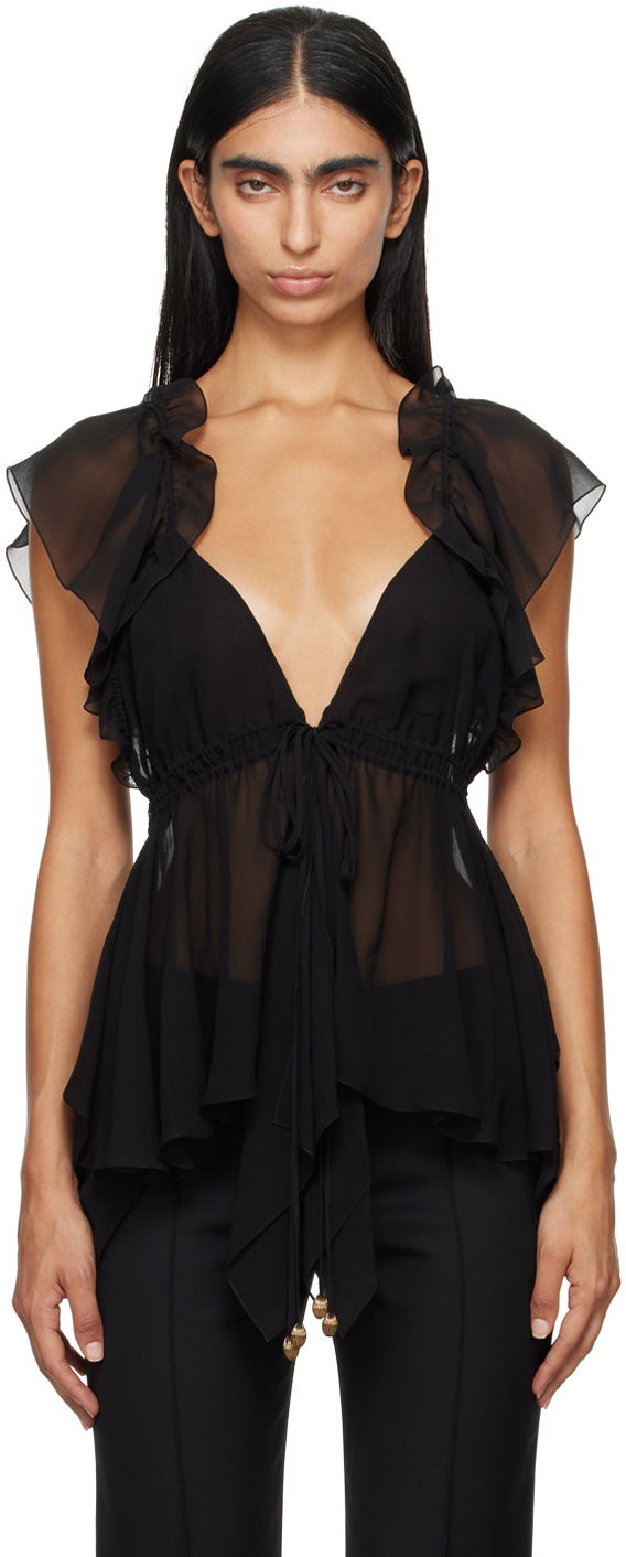 Риза CHLOÉ Chloé Ruffle Trim Tie-Waist Blouse Черно | CH24AHT41003, 0