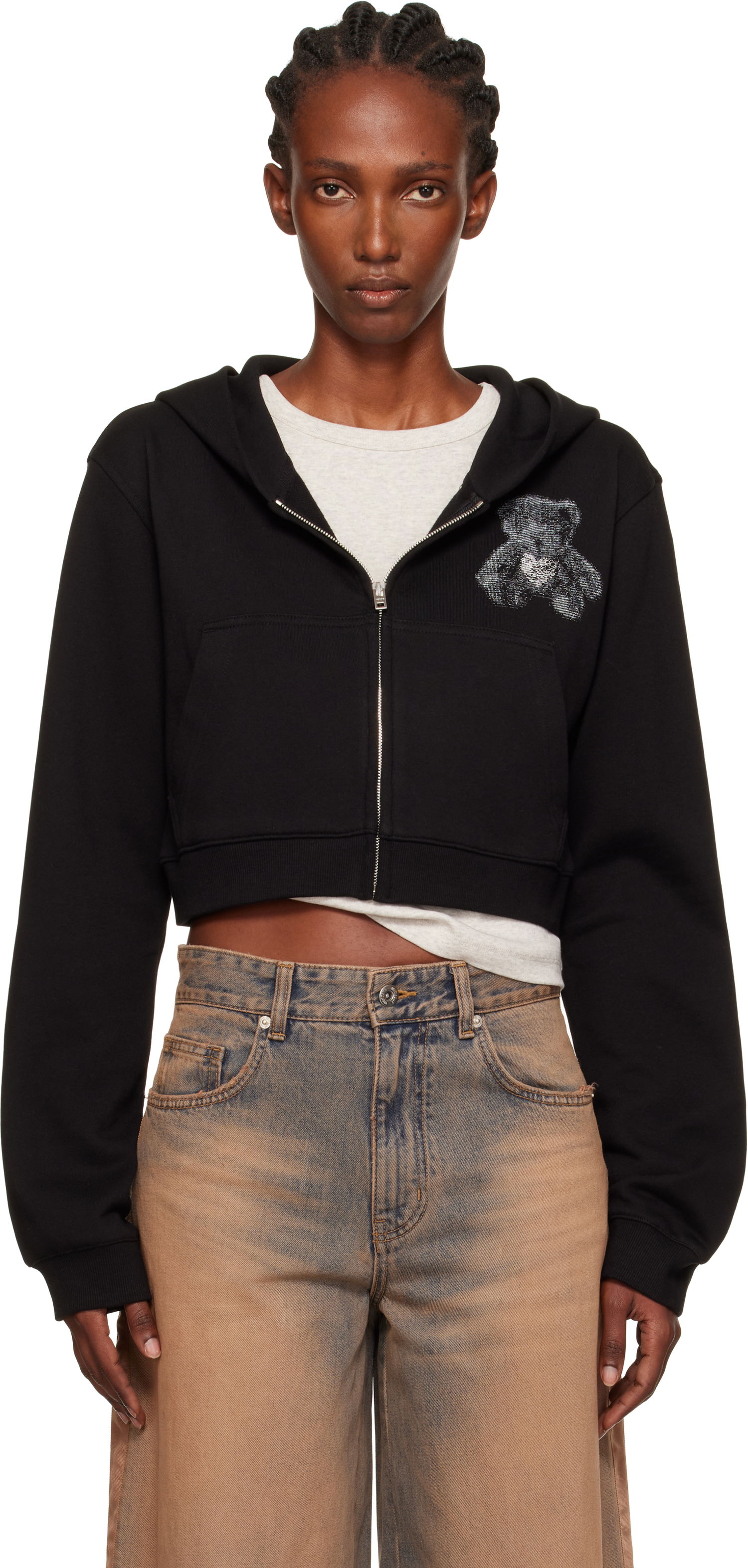 Суитчър We11done We11done Teddy Bear Slim-Fit Zip-Up Hoodie Черно | WD-TJ2-25-870-W-BK, 0