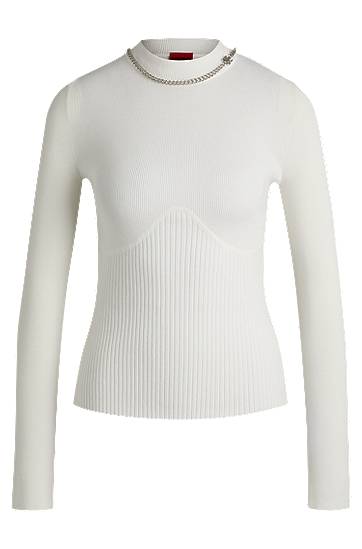 Пуловер BOSS Ribbed Mock Neck Sweater with Chain Collar Бяло | 50532166, 0