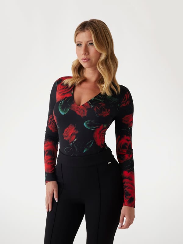 боди GUESS Floral Print V Neck Bodysuit Червено | W5RP26KCMI2