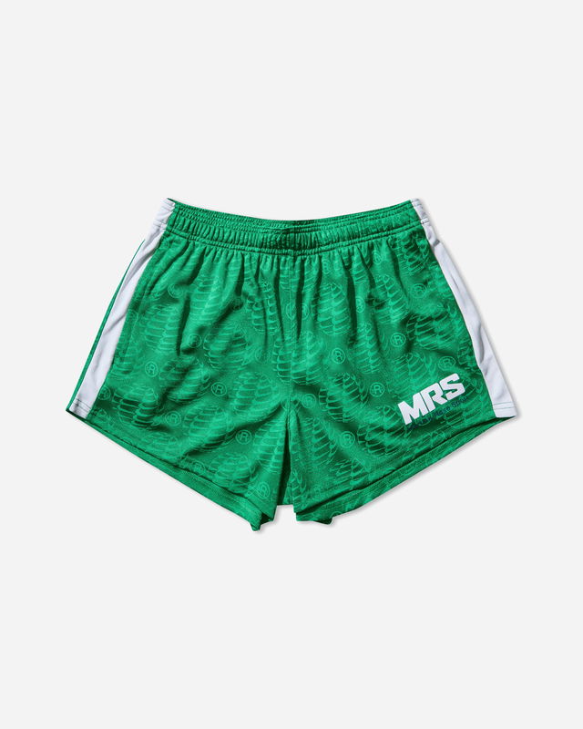 Martine Rose Football Shorts with Globe Pattern and Side Stripe