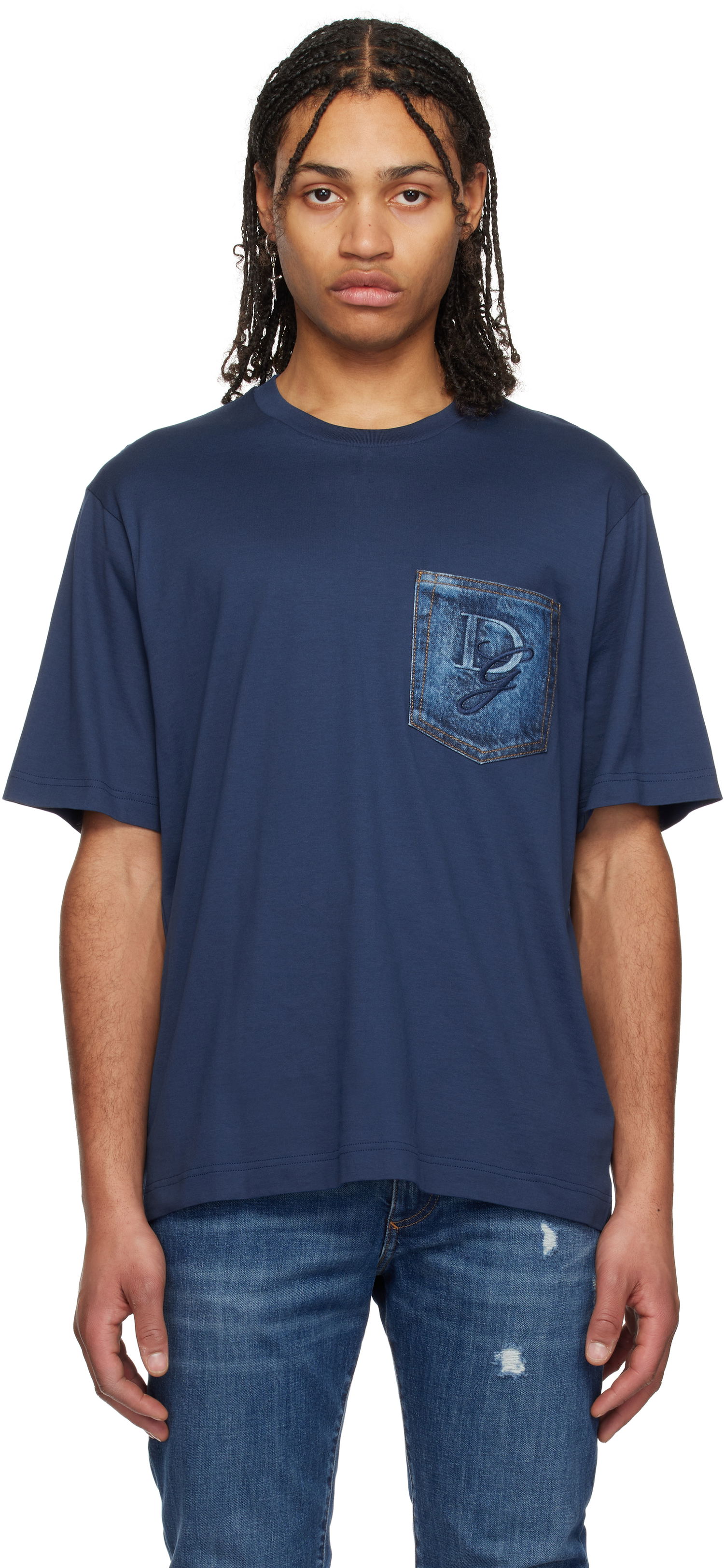 Тениска Dolce & Gabbana Dolce&Gabbana Cotton T-Shirt with Denim Pocket and Logo Embroidery Синьо | G8PN9ZG7O4J, 0