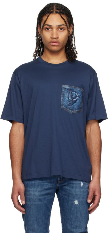Тениска Dolce & Gabbana Dolce&Gabbana Cotton T-Shirt with Denim Pocket and Logo Embroidery Синьо | G8PN9ZG7O4J, 0