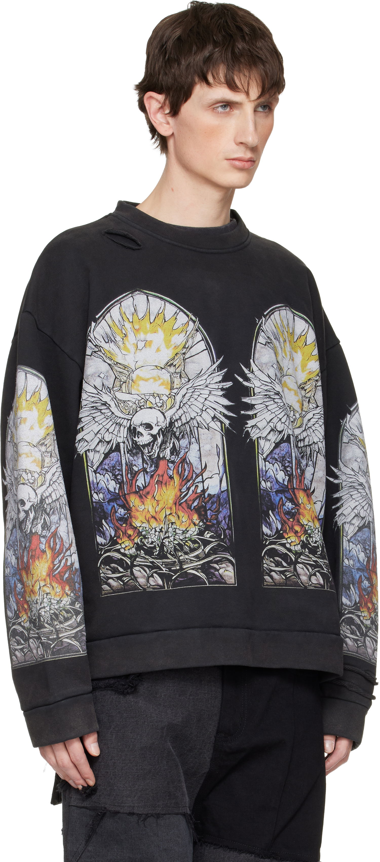 Суитчър Who Decides War Distressed Stained Glass Winged Skull Flame Pullover Sweatshirt Черно | 1110580002FW25, 1
