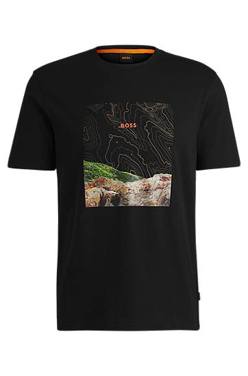 Тениска BOSS BOSS Cotton-Jersey Tee with Topographic Landscape Print Черно | 50522902, 0
