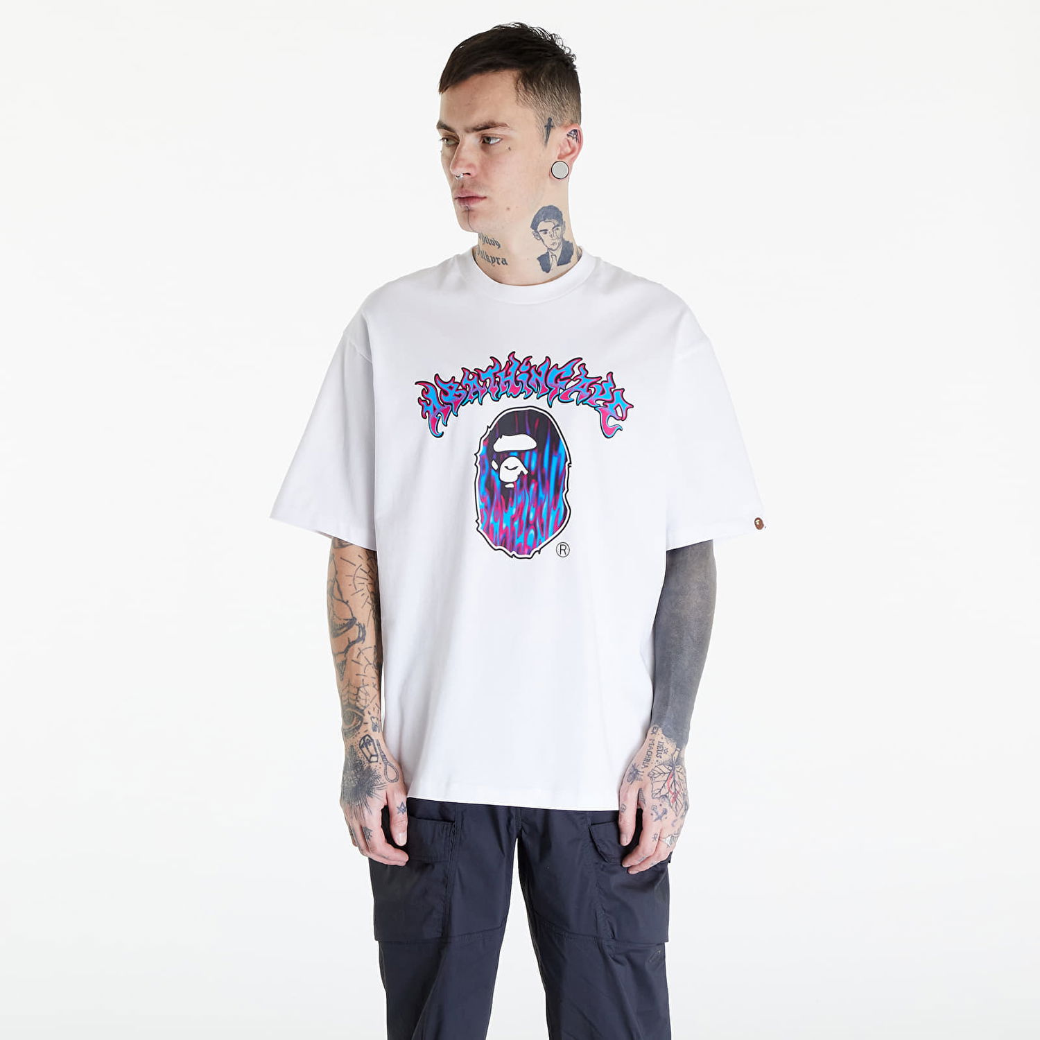 Тениска BAPE A BATHING APE Mad Flame Ape Head Relaxed Fit Tee White Бяло | 001TEK301320M WHT, 0