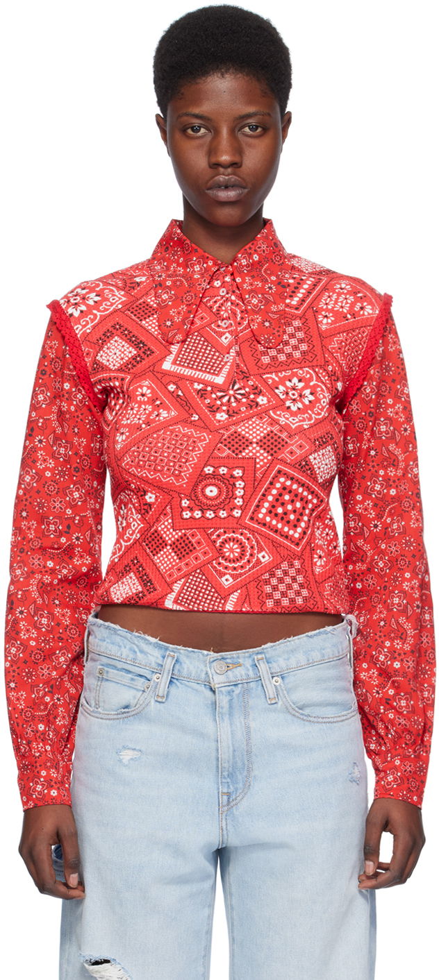 Риза ERL Printed Cropped Long Sleeve Shirt Червено | ERL07B102