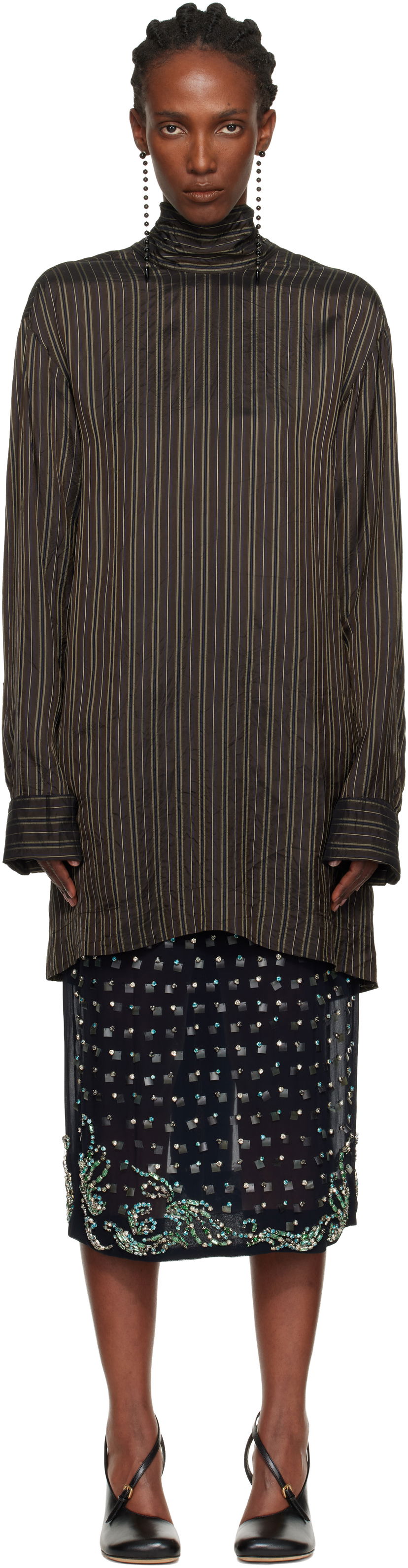 Риза Dries Van Noten Dries Van Noten Striped Long-Sleeve High-Neck Blouse Кафяво | 252-010779-2267