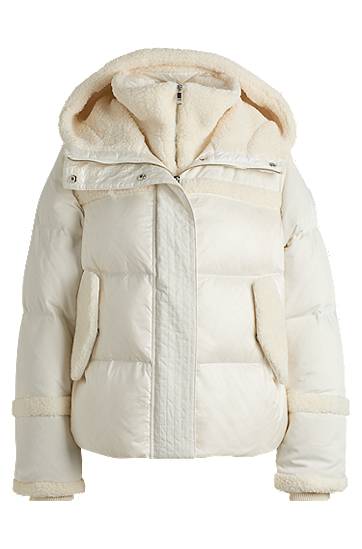 Пухо яке BOSS Water-Repellent Puffer Jacket with Teddy Trim Бяло | 50524479, 0