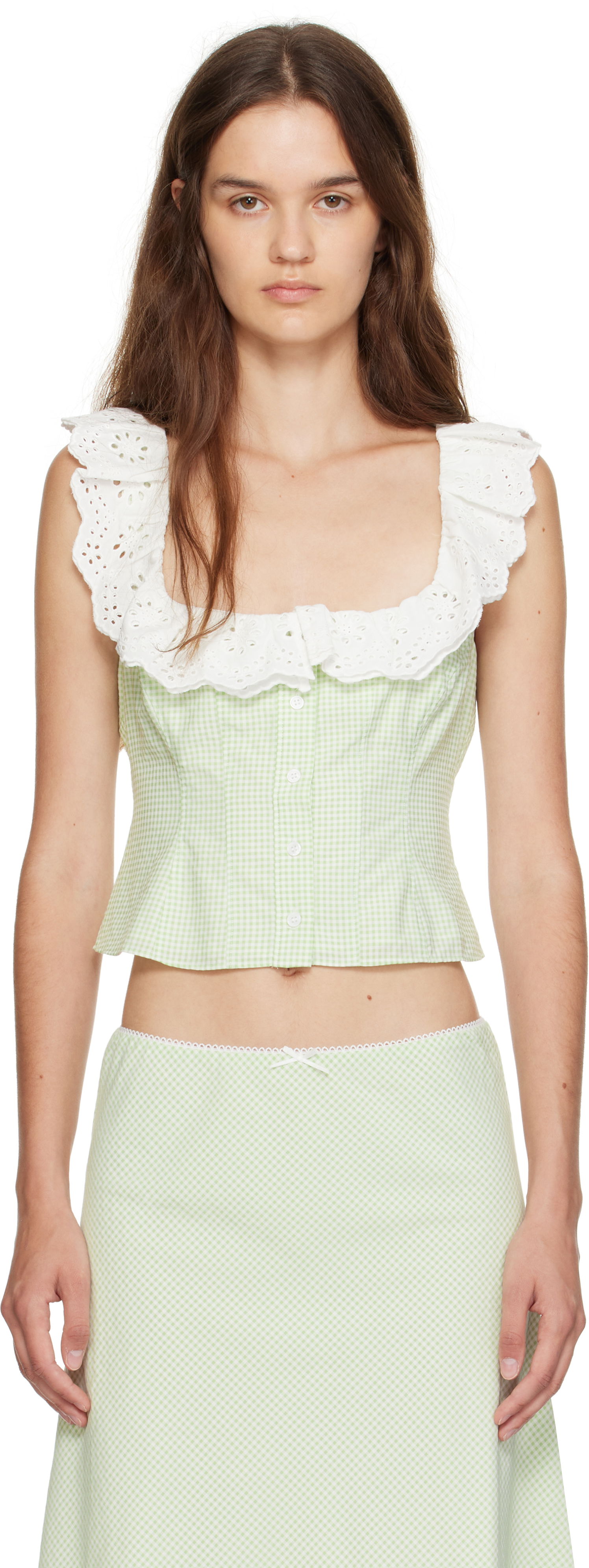Съкратен топ GUIZIO Guizio Paloma Gingham Lace Top Зелено | P25155W152, 0