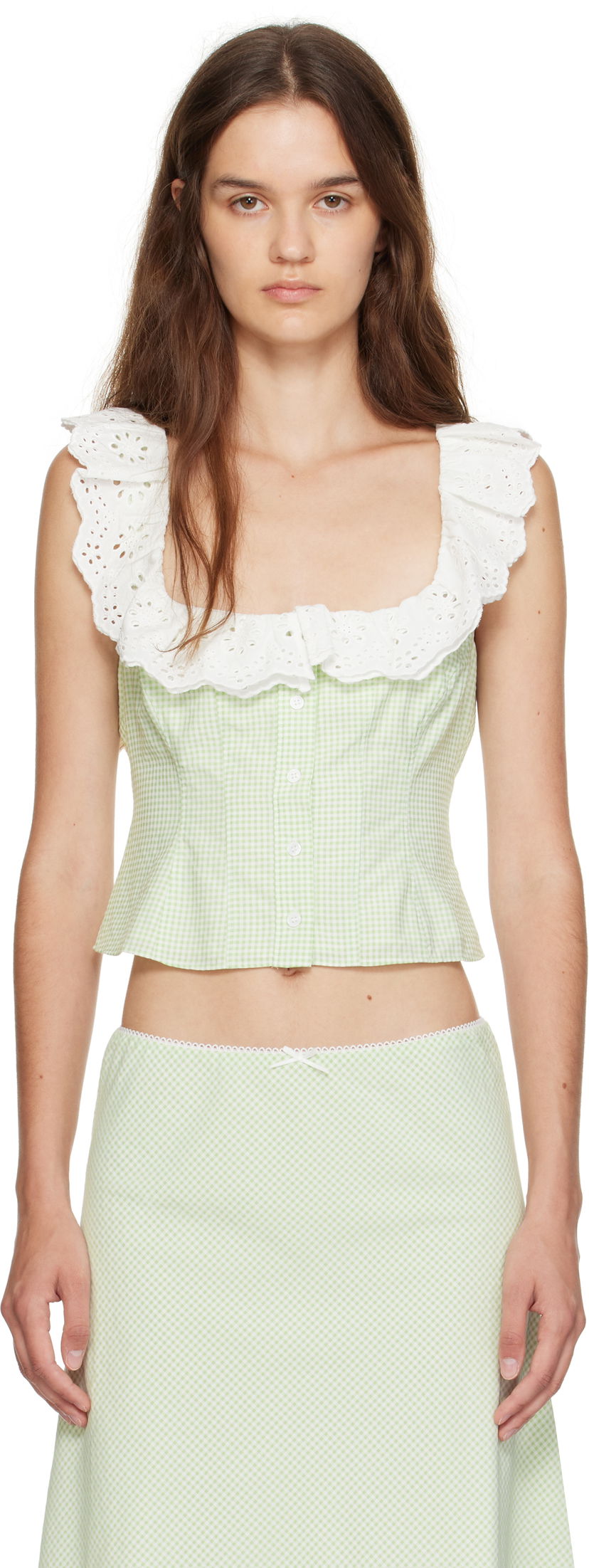 Съкратен топ GUIZIO Guizio Paloma Gingham Lace Top Зелено | P25155W152