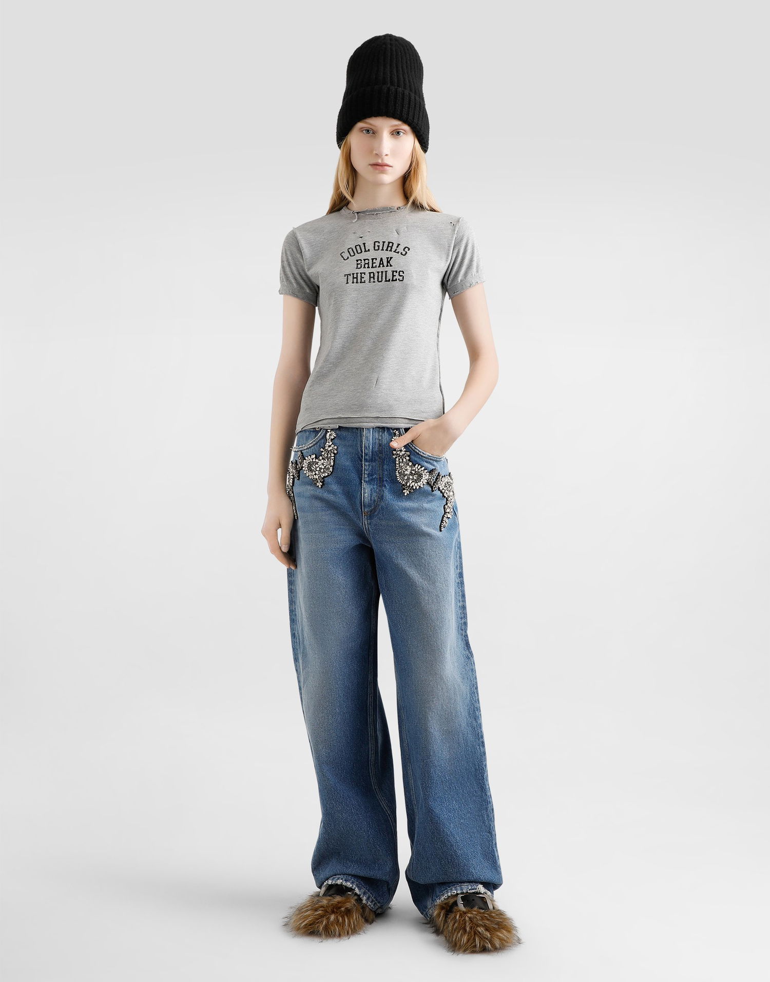 Тениска Dolce & Gabbana Dolce & Gabbana Jersey T-Shirt with "Cool Girls Break the Rules" Print Сиво | F8V89TGDDGHS9000, 1
