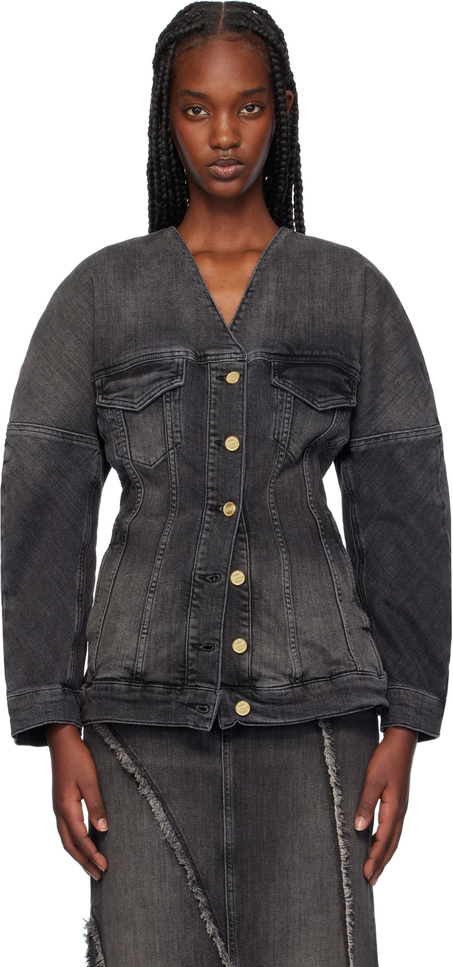 Яке GANNI Fitted Denim Button Up Jacket Черно | J1529, 0