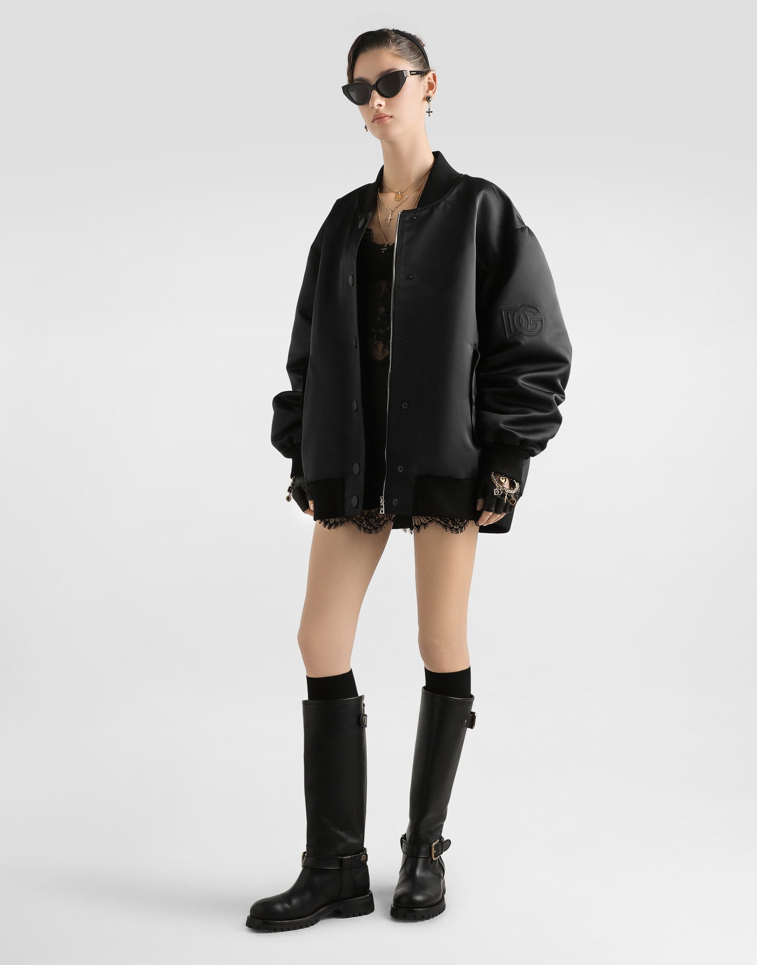 Яке бомбър Dolce & Gabbana Dolce & Gabbana Oversized Satin Bomber Jacket with Embossed Logo Черно | F9S63ZGDC6QN0000, 1