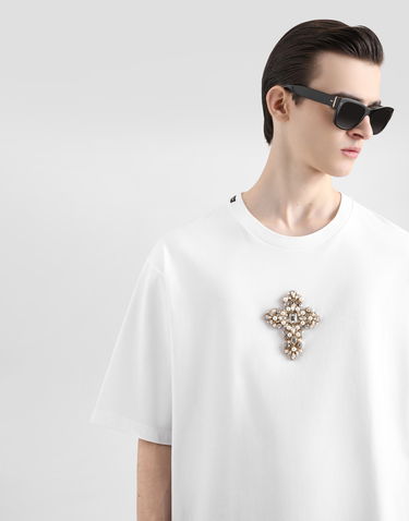 Тениска Dolce & Gabbana Cotton T-shirt With Embellished Cross Patch Бяло | G8PB8ZG7O4HW0800, 3