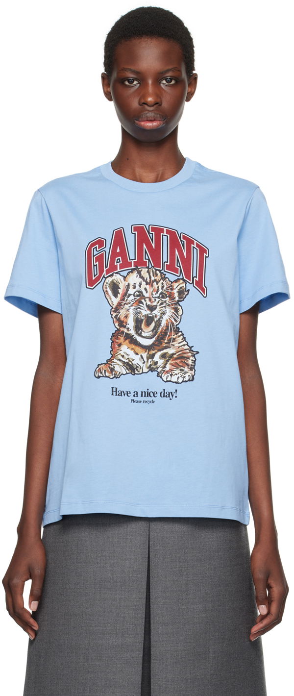 Тениска GANNI Tiger Print T-Shirt Синьо | T4007