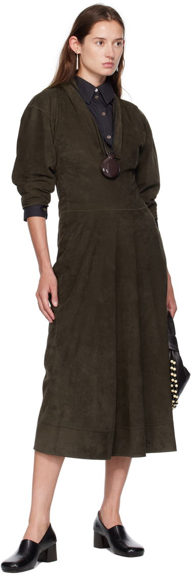Pокля LEMAIRE Lemaire V-Neck Nubuck Midi Dress Зелено | DR1122 LL0148, 3