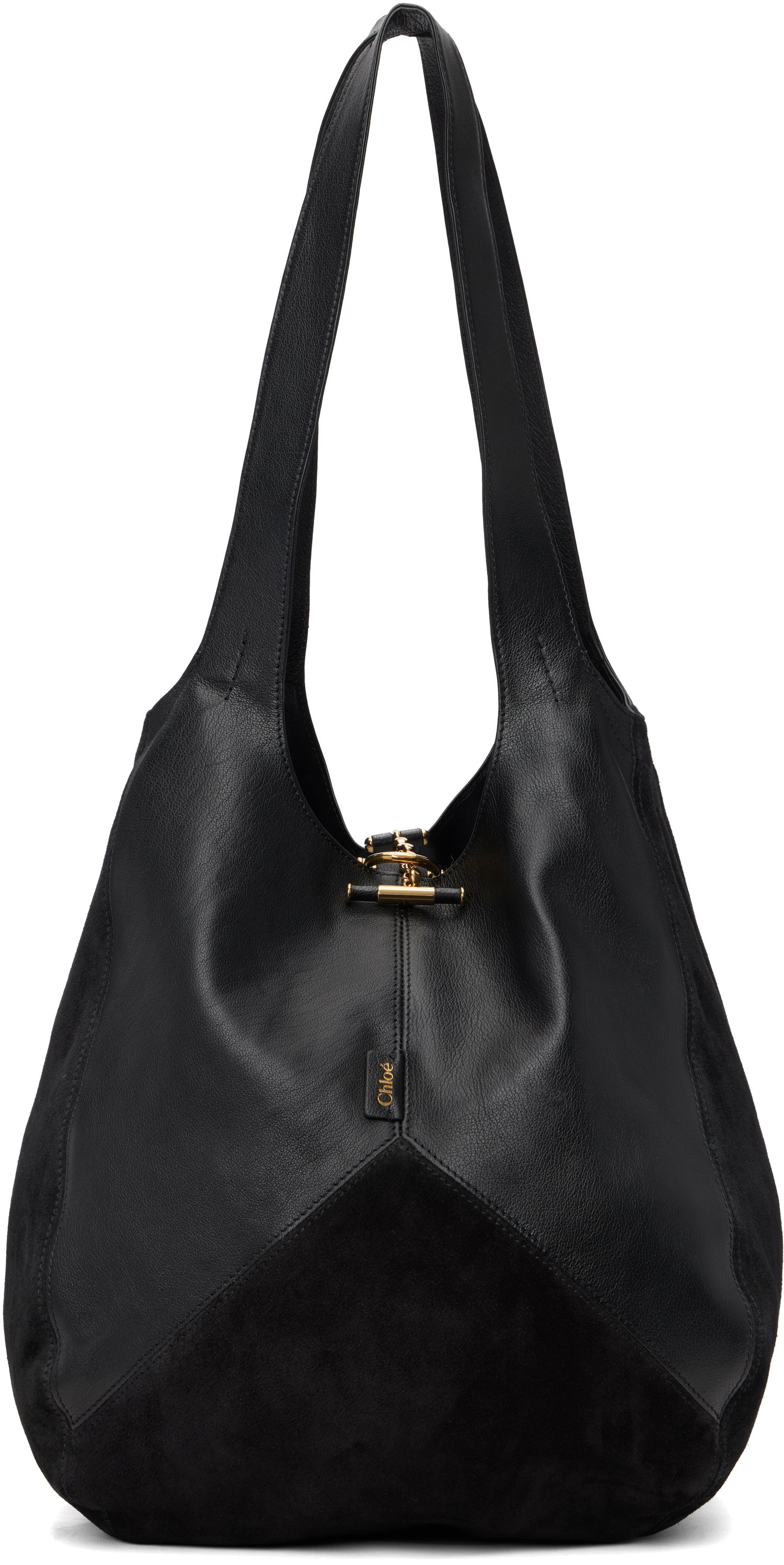 Голяма пазарска чанта CHLOÉ 'Chloé' Leather and Suede Balloon Tote with Gold-Tone Clasp Черно | CH25WS642Q51, 0