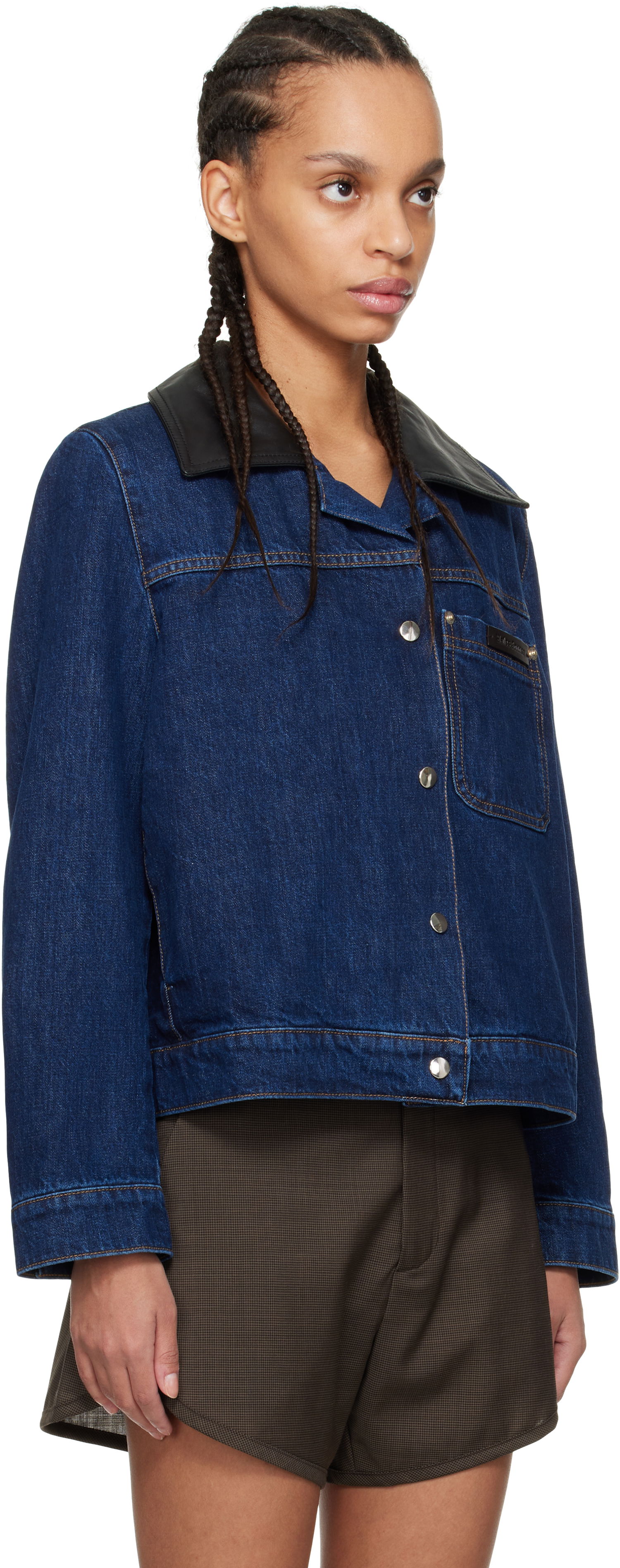 Яке Wales Bonner Wales Bonner Denim Jacket with Faux Leather Collar Синьо | WS25DE14-DE01-599, 1