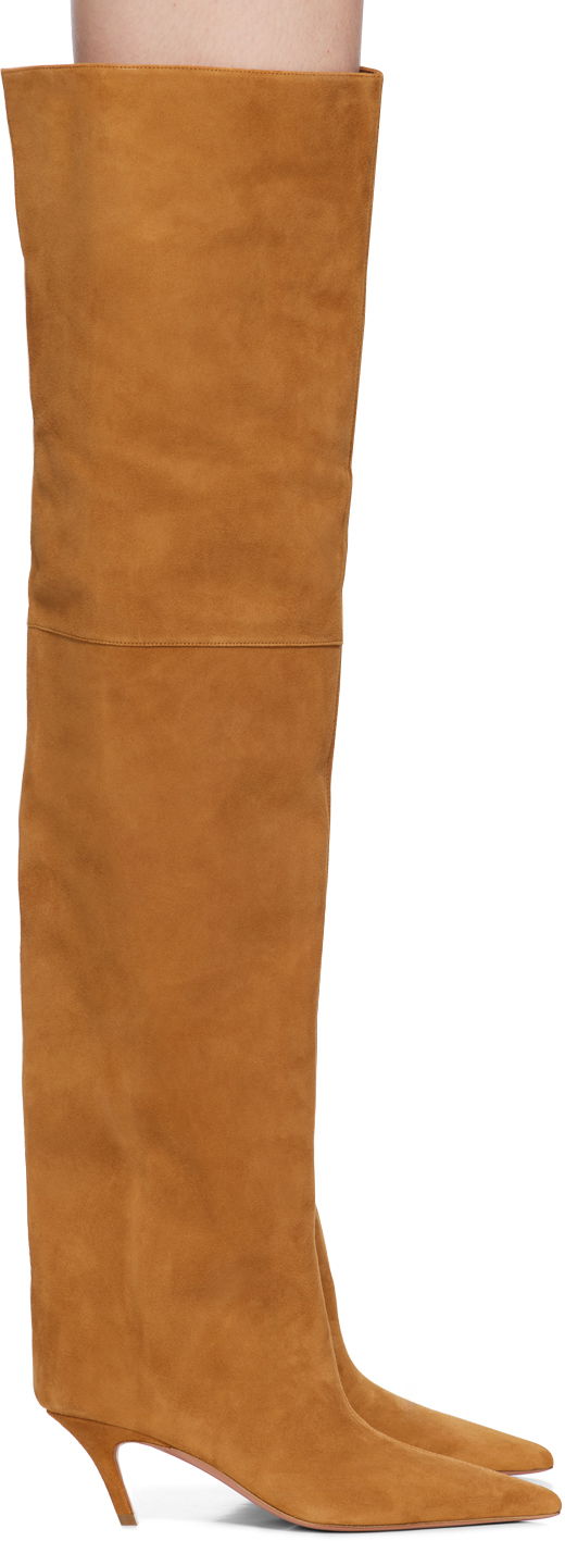 Pокля Amina Muaddi Amina Muaddi Fiona Thigh-High Suede Boots Кафяво | FIONA THIGH BENDED HEEL SUEDE, 0