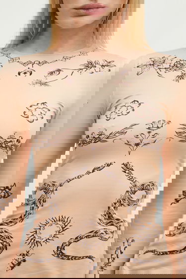 Тениска Marine Serre Marine Serre Tattoo Printed Jersey Second Skin Crewneck Top Бежово | WTS006A.CJER0059, 3