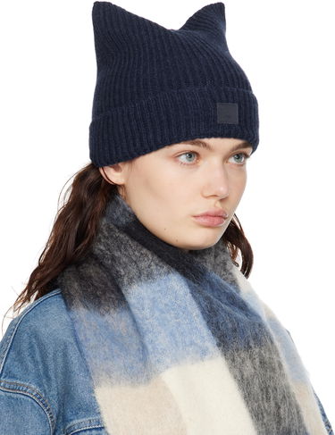 Шапка Acne Studios Acne Studios Knit Cat-Ear Beanie with Face Logo Тъмно синьо | C40392-, 1