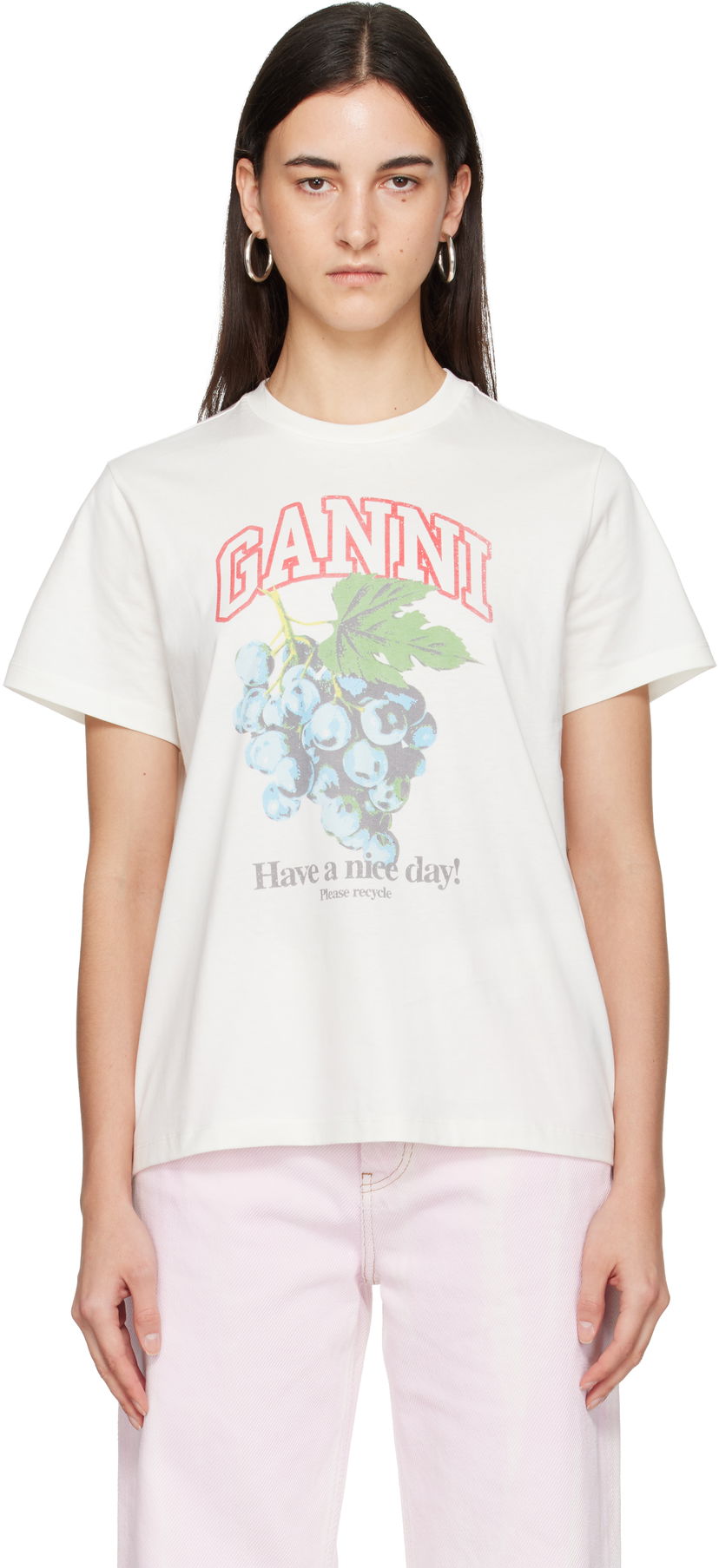 Тениска GANNI Basic Cotton Jersey Grapes Relaxed T-shirt Бяло | T4230