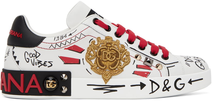 Кецове и обувки Dolce & Gabbana White Portofino Embroidery & Studs Sneakers Многоцветен | CS1772AH494