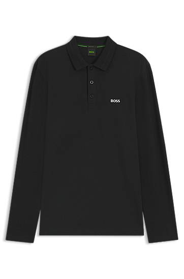 Поло тениска BOSS Long-Sleeve Cotton Pique Polo Shirt Черно | 50536609