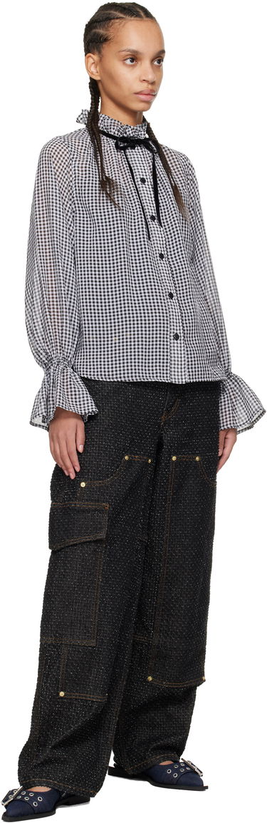 Риза GANNI Ganni Sheer Check Tie-Neck Blouse Бяло | W0155, 3