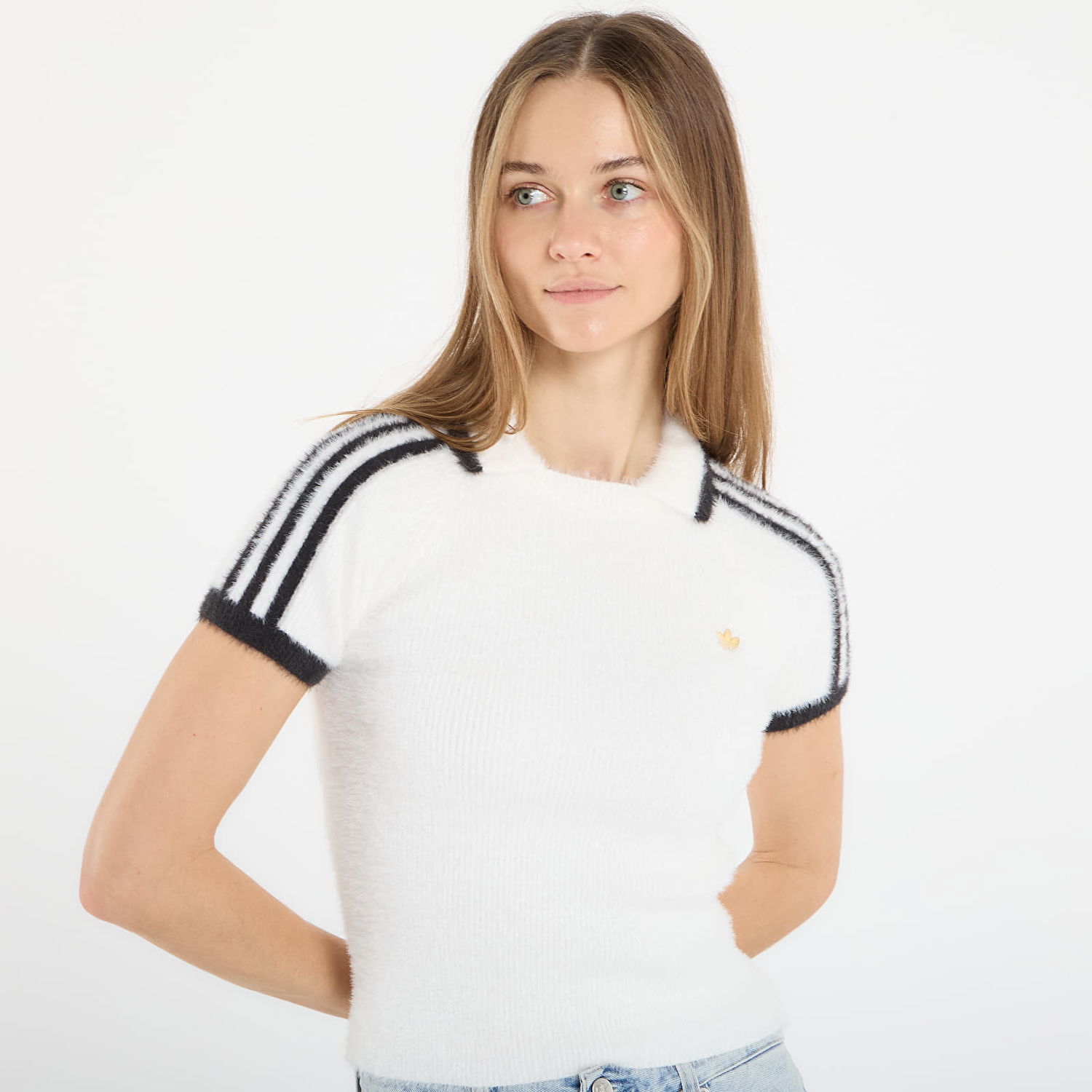 Поло тениска adidas Originals Fluffy Knit Cali Short Sleeve Polo Top Бяло | KE1301, 1