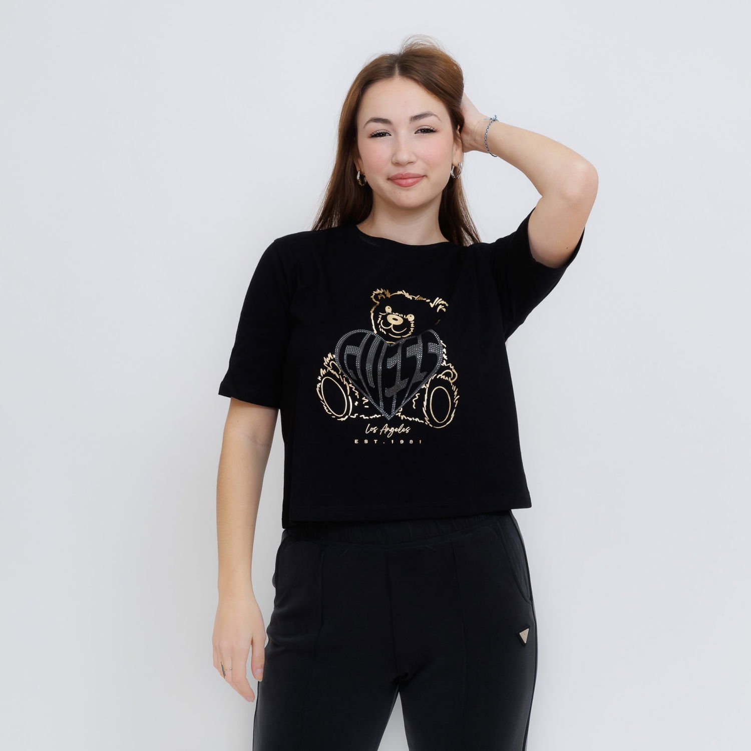 Съкратен топ GUESS Guess Rhinestone Bear Boxy T-Shirt Черно | V5RI09I3Z14-JBLK, 0