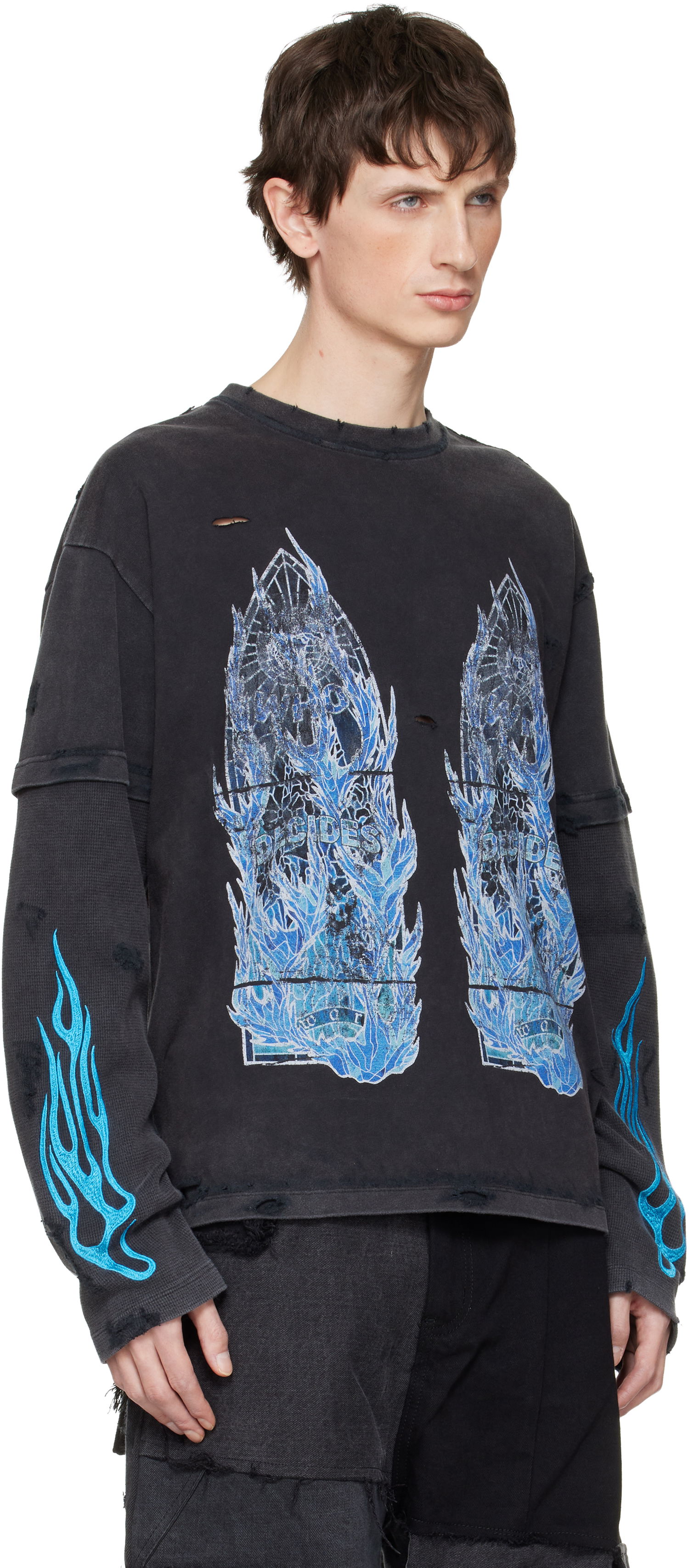 Тениска Who Decides War Who Decides War Distressed Long-Sleeve Flame Glass Double T-shirt Черно | 1110280002FW25, 1