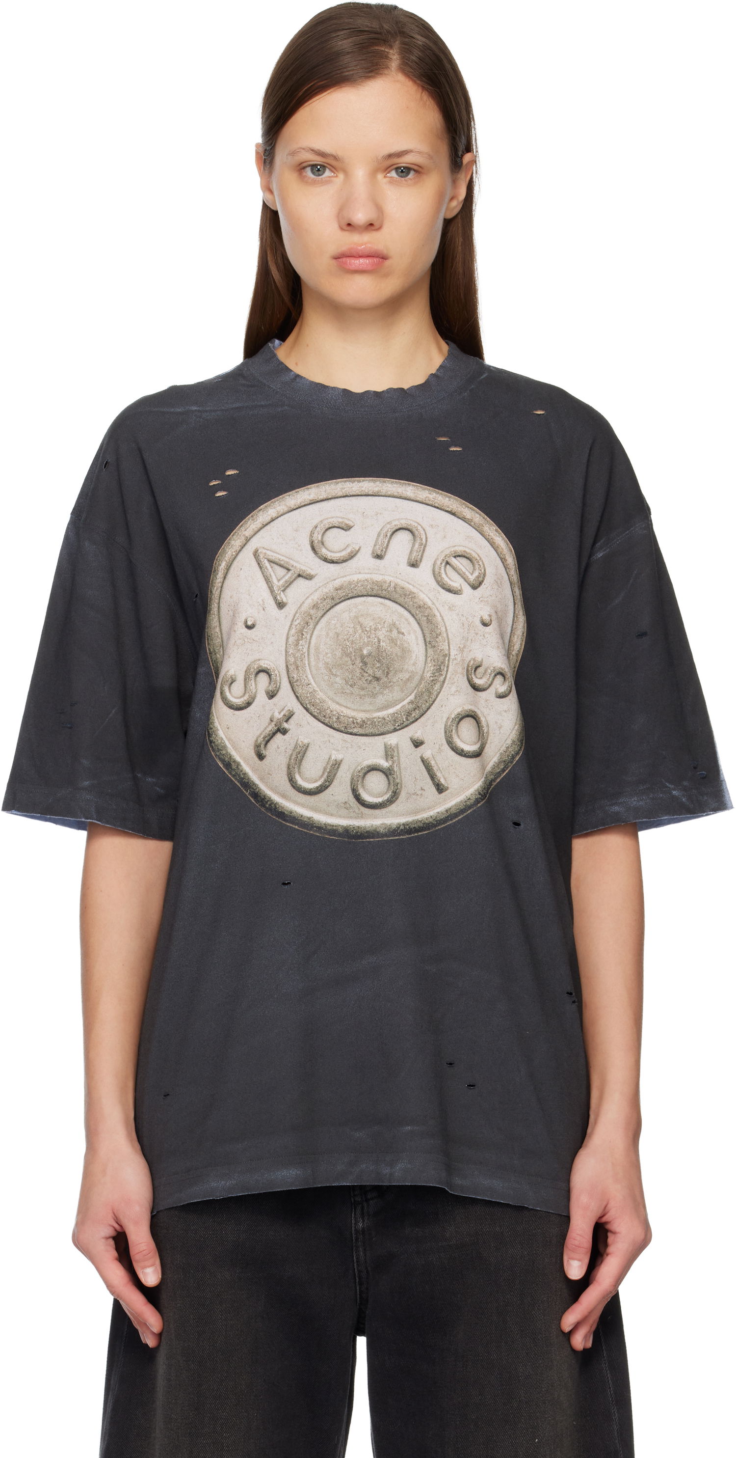 Тениска Acne Studios Acne Studios Distressed Oversized Medallion Logo T-shirt Черно | CL0362-, 0