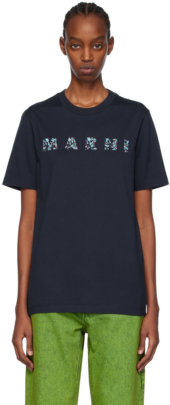 Тениска Marni Printed T-Shirt Тъмно синьо | HUMU0198PQ USCW21